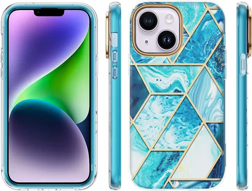 Vista 7 de Asuwish Funda para iPhone 14 Plus de 6.7 pulgadas con protector de pantalla híbrida con bonito diseño de mármol, a prueba de golpes, cuerpo