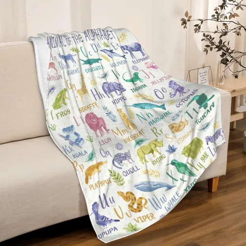 Vista 2 de Manta de franela con diseño del alfabeto de animales, súper suave, ligera, para niños, adultos, adecuada para sofá, cama, campamento, viajes, todas