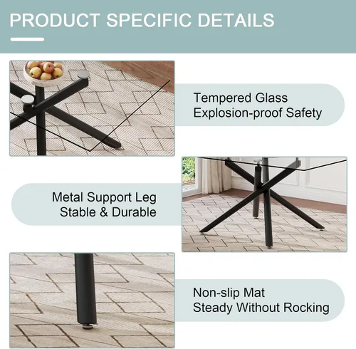 Vista 6 de Mesa de comedor rectangular de cristal minimalista grande y moderna para 6 y 8 pulgadas con mesa de vidrio templado de 0.39 pulgadas y patas