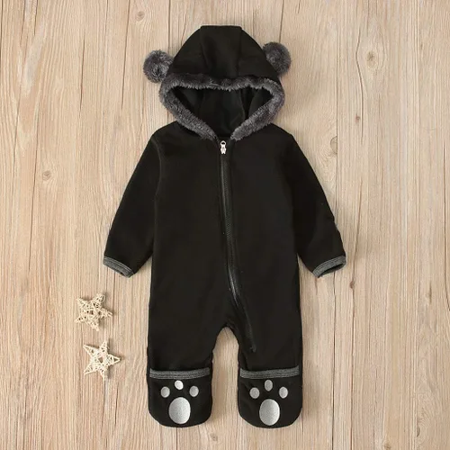Vista 6 de Sudadera con capucha para bebés y niñas, ropa de forro polar con orejas de dibujos animados (negro, 6-12 meses)