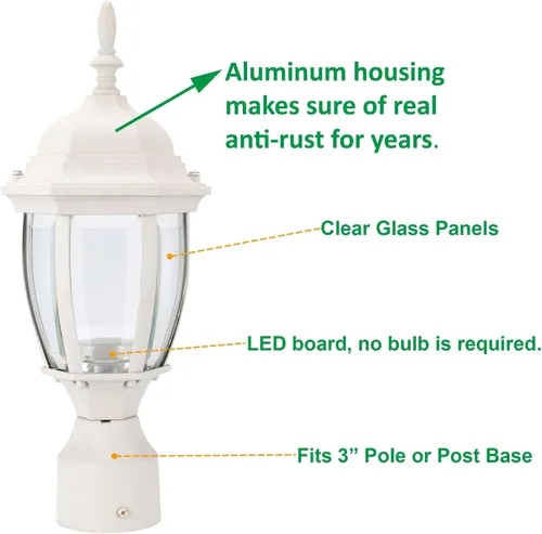 Vista 2 de LIT-PaTH Accesorio de iluminación LED para exteriores, farol de poste, 9.5 W, 800 lúmenes, blanco cálido de 3000 K, carcasa de aluminio más vidrio