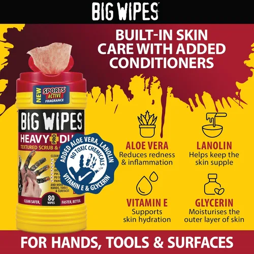 Vista 27 de BIG WIPES Recipiente multisuperficie resistente, paños de limpieza súper absorbentes para manos, superficies y herramientas, recipiente de 80
