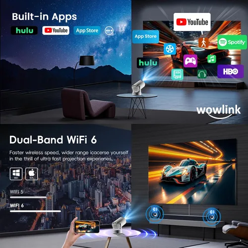 Vista 4 de Mini proyector con WiFi 6 y Bluetooth 5.4 Soporte 4K 1080P Auto Keystone Proyector giratorio de 180° Portátil Compatible con HDMI/TV Stick/Memory