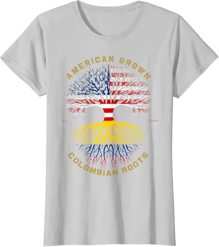 Vista 18 de Camiseta de regalo con la bandera de Estados Unidos con árbol de raíces colombianas