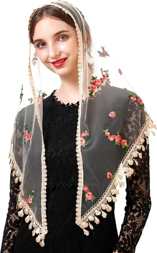 Vista 3 de PAMOR Triángulo pequeña flor capilla velos bordados bufanda mantón latino masa cabeza cubierta Mantilla velo para iglesia