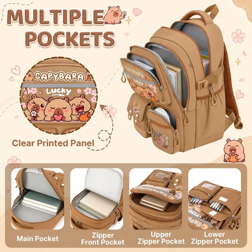 Vista 3 de Capybara Backpack for Girls, 4 PCS Capybara Backpack with Lunch Box Set Capibara.