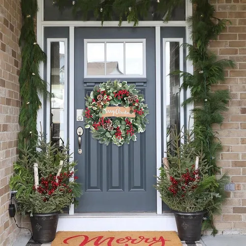 Vista 7 de idyllic Corona de Navidad-22 Coronas de Decoración de Navidad para Puerta Delantera Corona de Invierno Primavera con Agujas de Pino Eucalipto Hojas
