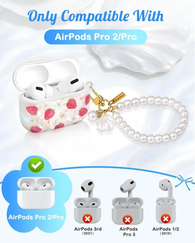Vista 2 de Funda para AirPods Pro/Pro 2 con llavero de perlas, diseño de concha con purpurina para niñas, bonita y elegante funda Kawaii para Apple