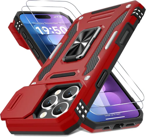 Vista 58 de DEERLAMN Funda para iPhone 16 Pro con cubierta deslizante para cámara + protector de pantalla (2 unidades), soporte de anillo giratorio de grado