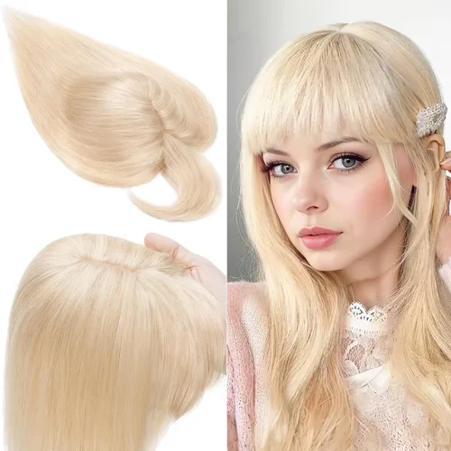 Vista 16 de SEGO Toppers de cabello humano 100% real, con flequillo de aire, base de seda 150% de densidad, topper con clip, 2.7 x 5.1 pulgadas, piezas