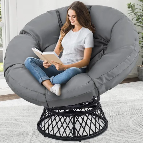 Vista 11 de KROFEM Silla Papasan Gigante de Ratán Ergonómica Extragrande de 46" con Cojín Suave y Grueso para Adultos, Giro Fluido de 360°, Resistente al Agua