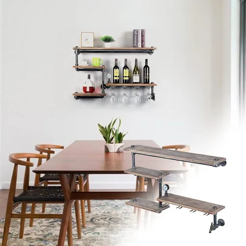 Vista 5 de Estante de vino montado en la pared, estantes industriales para vino, montado en la pared con soporte para vidrio de 4 vástagos, soporte