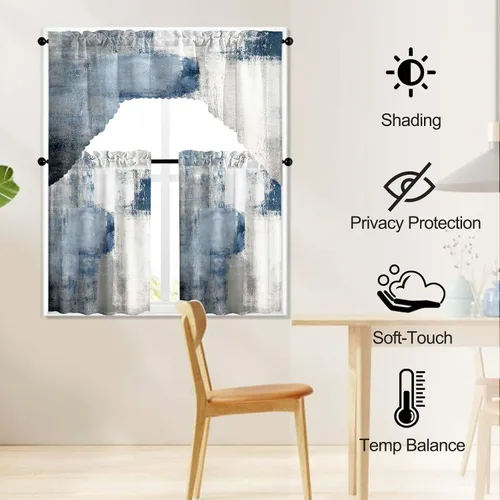 Vista 2 de Blue & Swag - Juego de 3 cortinas para ventana de cocina, cenefa de arte abstracto gris con bolsillo para barra para cocinas modernas