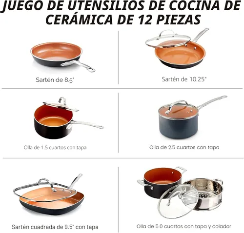 Vista 2 de GOTHAM STEEL - Juego de 12 piezas de utensilios de cocina de cerámica antiadherente, juego de ollas y sartenes antiadherentes con vaporera