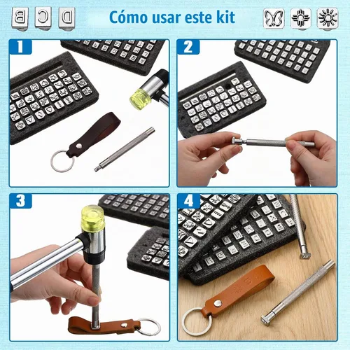 Vista 4 de 70 piezas de herramientas de estampado de cuero, kit de estampado de cuero con 2 piezas de herramientas de punzón, 68 piezas de letras metálicas