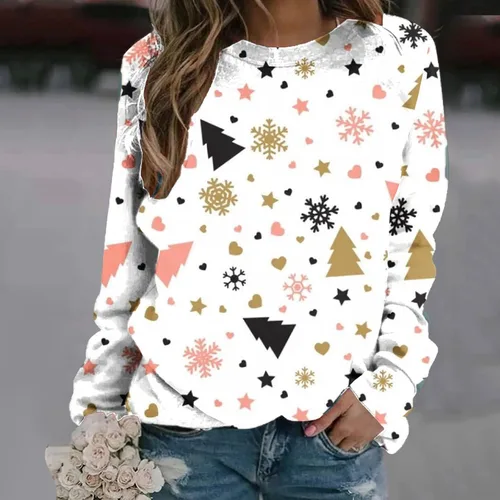 Vista 2 de Aopirta Moda mujer casual manga larga cuello redondo impreso mujer blusa sudadera sin capucha, sudadera roja para mujer
