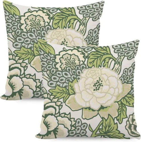 Vista 14 de Juego de 2 almohadas coloridas de estilo chinoiserie, color rosa intenso, azul real, peonía, floral, blanco, lino, estilo chinoiserie, para sofá
