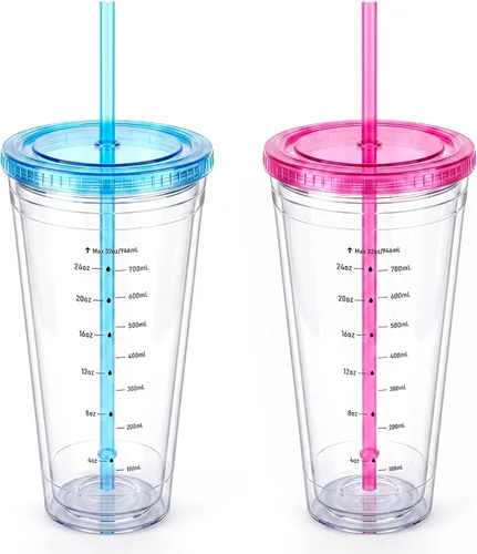 Vista 10 de Zukro Vaso de plástico transparente reutilizable de 32 onzas con tapa y pajita, doble pared Azul