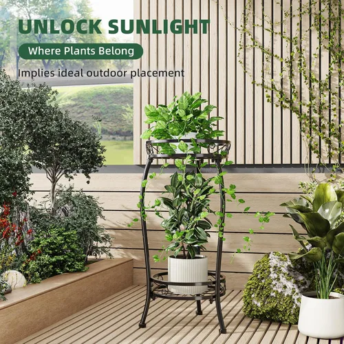 Vista 6 de Simple Trending Soporte para plantas para interiores y exteriores, estante redondo alto para plantas, soporte de metal de 2 niveles para maceta
