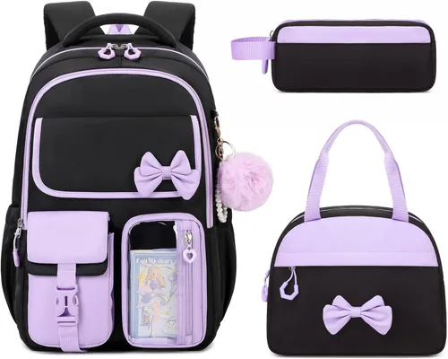 Vista 10 de Mochila para niñas, mochila escolar para niñas, bonita mochila con lazo para niñas, niños y adolescentes, para estudiantes de escuela primaria