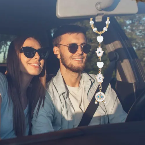 Vista 4 de Adorno colgante de coche de ojo malvado Hamsa, espejo retrovisor de ojo malvado, decoración de cuentas de buena suerte, accesorios de automóvil