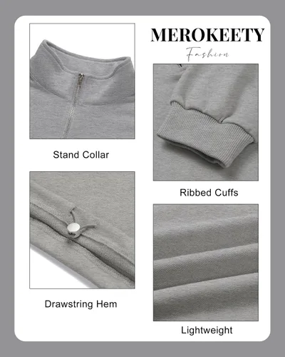 Vista 5 de MEROKEETY Sudadera corta con cremallera de un cuarto para mujer, manga larga, cuello alto, con cordón
