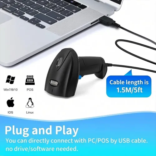 Vista 2 de Escáner de código de barras USB 1D con cable CCD, lector de código de barras compatible con pantalla, escáneres de código de barras para tienda
