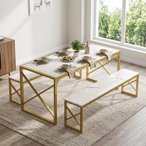 Vista 9 de VECELO Juego de mesa de comedor de cocina de 55 pulgadas para 4, marco de acero resistente y mesa de grano de madera, juegos de comedor que ahorran