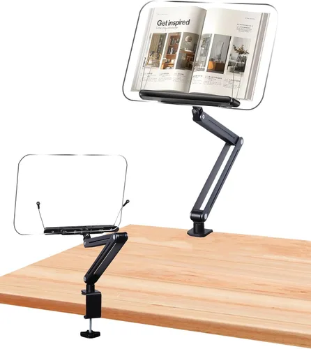 Vista 10 de ASIEIT Soporte para libros con abrazadera de escritorio, soporte de aluminio para libros de altura y ángulo ajustables, soporte para libros de Negro