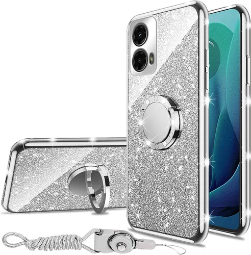 Vista 25 de nancheng Funda para Motorola Moto G Play 2024 (6.5 pulgadas) para niñas y mujeres, bonita funda de teléfono de TPU suave con purpurina y anillo