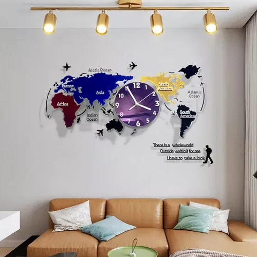 Vista 6 de Wakauto Norse Decor - Reloj de pared de metal grande para colgar en la pared, mapa del mundo, decoración de arte moderno, reloj de pared silencioso