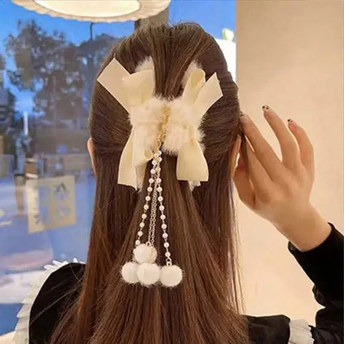 Vista 6 de Jumwrit Pinzas para el cabello con mandíbula de plátano peludas con lazos, borlas de perlas y fijación fuerte para mujeres y niñas, accesorios