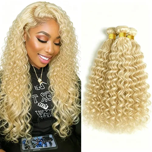 Vista 238 de P4613 Cabello humano rizado onda profunda marrón y paquetes mixtos 8 10 12 P4613 Ombre Marrón-Rubio-DP