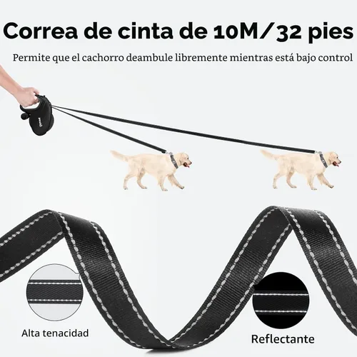 Vista 2 de Pecute Correa retráctil para perro de 32 pies con tiras reflectantes, sin enredos de 360°, control de un botón y material de nailon resistente
