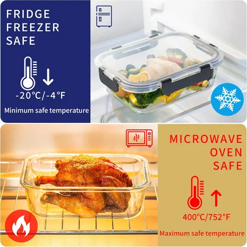 Vista 4 de MFY Paquete de 5 recipientes de almacenamiento de vidrio de 36 onzas con tapas, juego de 2 compartimentos para preparación de comidas, recipientes