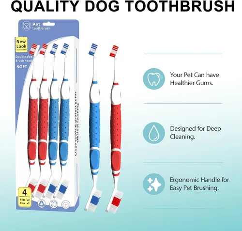 Vista 6 de 4 cepillos de dientes profesionales para mascotas, cerdas suaves para perros y gatos, juego de cabezales de cepillo de doble cara, dientes