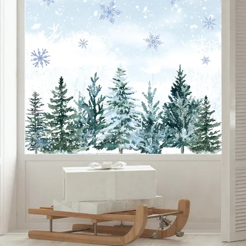 Vista 10 de Whaline 9 hojas de Navidad para ventana, calcomanías para ventana, acuarela, árbol de Navidad, bola de invierno, bosque