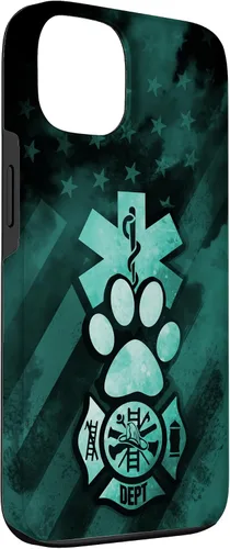 Vista 3 de Funda americana para iPhone 13 EMT EMS Firefighter Dog Paw Turquoise Fire Rescue