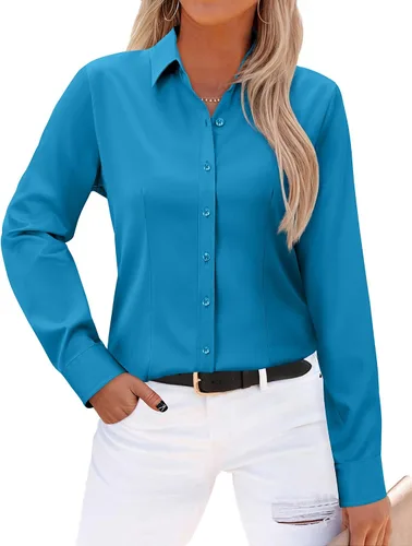 Vista 29 de Gleeivy - Camisas abotonadas para mujer, sin arrugas, de manga larga, camisas de vestir casuales con cuello V, ajustadas, de un solo