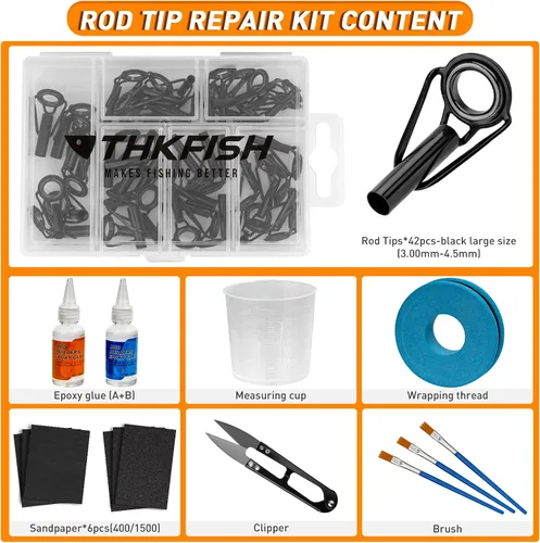 Vista 2 de THKFISH Kit de reparación de puntas de caña con pegamento, kit de reparación de caña de pescar, suministros completos de repuesto de punta de poste