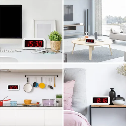 Vista 7 de Reloj despertador, reloj digital, modo nocturno automático, brillo LED de 3 niveles, funciona con pilas, 12/24 horas, pantalla de dígitos rojos