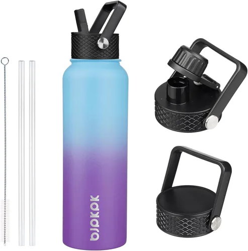 Vista 63 de BJPKPK Botellas de Agua Aisladas con Tapa de Pajita, Botella de Agua de Acero Inoxidable de 18oz, Termo Frío Caliente con 3 Tapas, Vaso de Viaje a