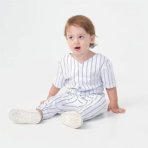 Vista 2 de Kids White Stripe Baseball Sets Baby Boys Casual Sports Top Short Sleeve Jersey and Pants Girls Summer Outfits