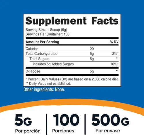 Vista 2 de Nutricost D-ribosa en polvo de 17.64 oz, 5000 mg por porción, sin OMG (17.64 oz)