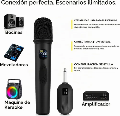 Vista 6 de Sistema de Micrófono Inalámbrico Bowens – Micrófono Inalámbrico para Karaoke con Receptor, Control de Eco, Pantalla LCD, Carga USB-C, Adaptador