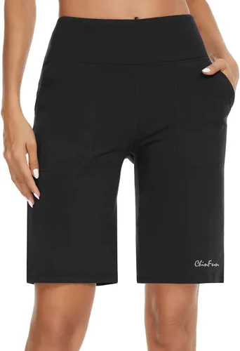 Vista 4 de ChinFun Bermudas de yoga de cintura alta de 10 pulgadas para mujer, pantalones cortos atléticos para correr, entrenamiento con bolsillos profundos