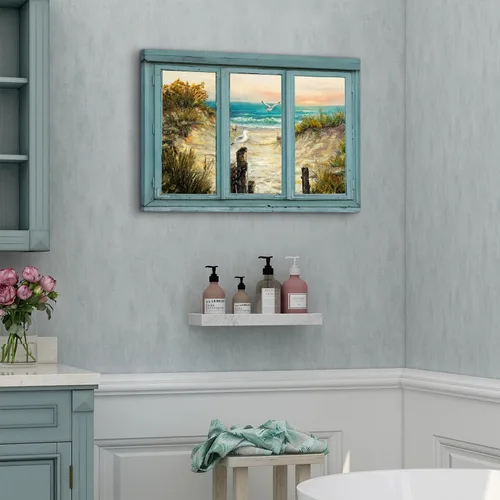 Vista 3 de Cuadro de pared con ventana de playa, paisaje oceánico, decoración de pared, paisaje costero, gaviota, impresiones en lienzo, pintura tropical
