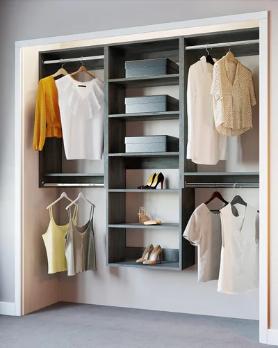 Vista 9 de Modular Closets Vista Collection - Sistema de organizador de armario de 3 piezas para montar en la pared con varillas y estantes para colgar