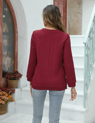 Vista 6 de FUNJULY Suéter de maternidad de punto trenzado para mujer, cuello redondo, manga larga, para embarazo, lactancia, doble división con botones