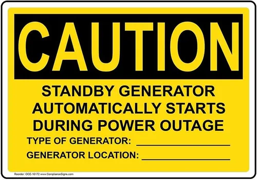 Vista 7 de ComplianceSigns. com PRECAUCIÓN El generador de espera comienza automáticamente la etiqueta de OSHA, 5x3.5 pulgadas 4-Pack de vinilo
